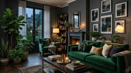 Fototapeta premium A luxury dark living room with green furniture against a gray wall, lush plants and layered decor pillows creating depth and comfort, sophisticated moody atmosphere with soft ambient light,