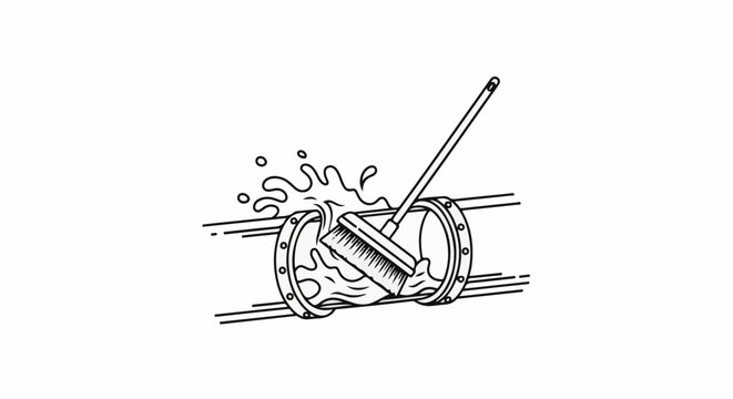 A brush cleans a section of pipe with splashing water