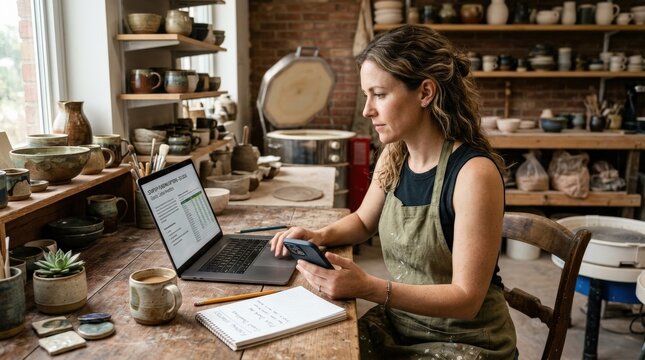 A female entrepreneur in a pottery studio working at a desk with a laptop and smartphone, reviewing small business funding options, warm earthy tones, clay tools and ceramic pieces visible in the