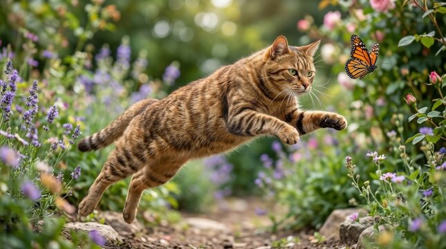 A focused cat springing toward a butterfly, taut muscles, sharp gaze and blurred garden backdrop, dynamic natural light and determined energetic atmosphere, ultra-realistic, no logos.