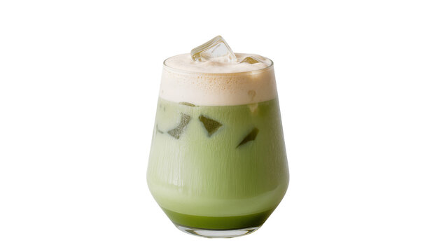 Frothy green matcha latte with ice cubes in a clear glass, isolated on transparent background