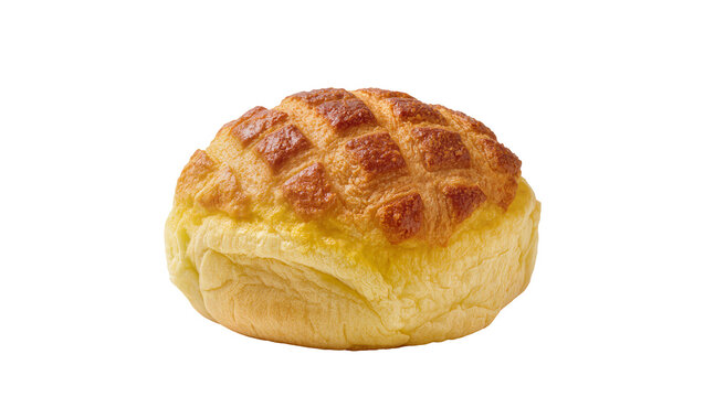 Golden brown pineapple bun with crisp lattice topping, isolated on transparent background