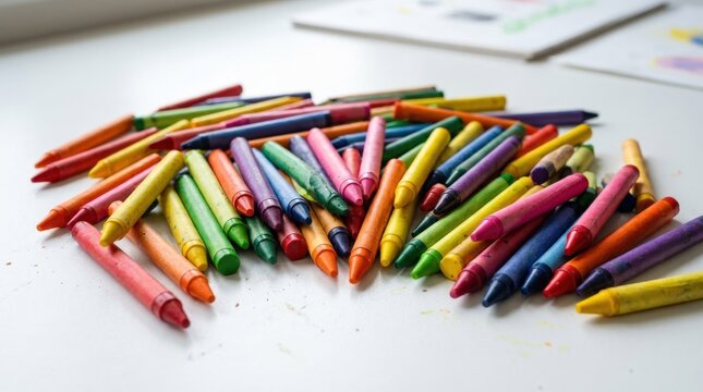 A pile of vibrant crayons scattered across a clean white surface, waxy textures, sharpened tips, saturated rainbow colors, cheerful studio light and playful creative atmosphere, ultra-realistic, no