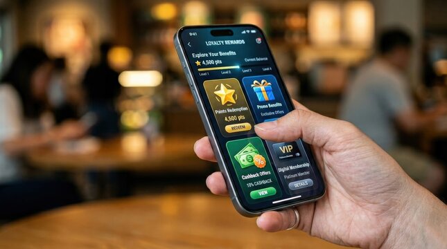 Close-up of a hand using a smartphone with reward and loyalty icons on screen, representing point redemption, promo benefits, cashback offers and digital membership programs, bright sleek mobile