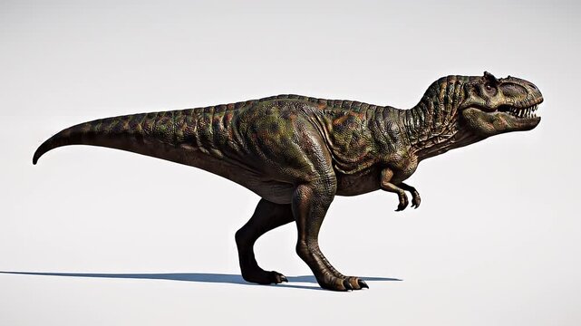 3d render of a trex dinosaur walking on white background. 
