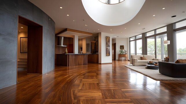 A view into a sophisticated open concept living area featuring modern design expansive natural light and curved architectural elements