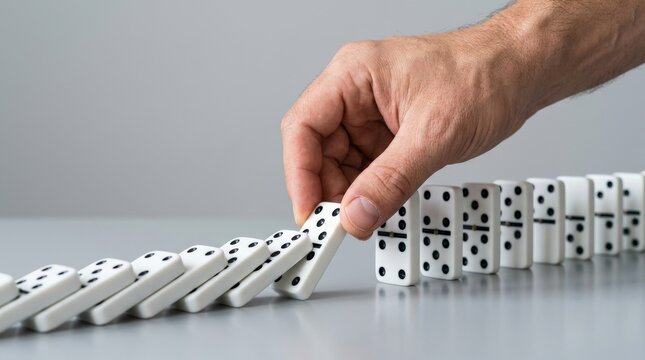 A human hand stopping a line of falling dominoes just in time, crisp close-up detail, clean background, symbol of crisis intervention prevention and control, focused high-tension atmosphere,