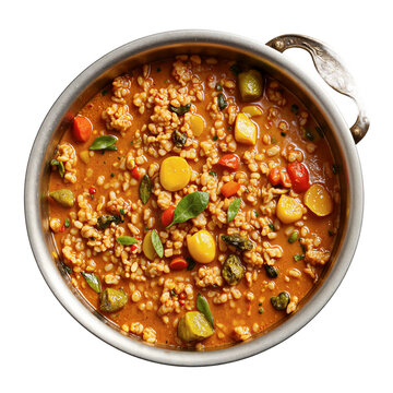 Curry vegetable stew savory bowl of vegetable and grain stew in a vintage pot on a transparent background