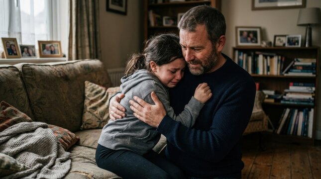 Daughter hugging her father sadly, emotional family moment at home, tender body language and muted natural light, ultra-realistic, no logos.
