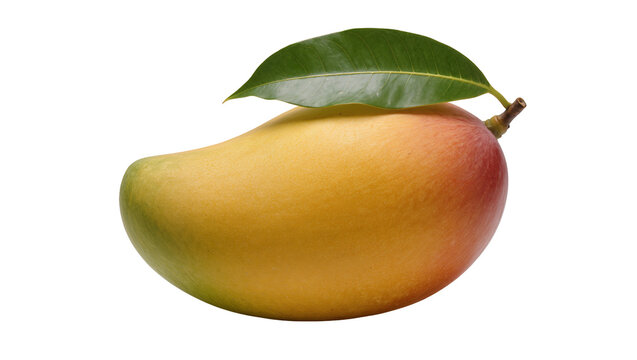 Ripe yellow and red mango with green leaf, isolated on transparent background