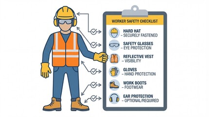 Worker safety checklist and cartoon character in protective gear