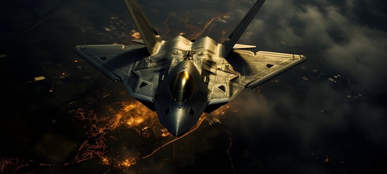 cinematic top-down view of a stealth fighter jet (F-35) taking off rapidly from a military airbase at nigh ,generative AI