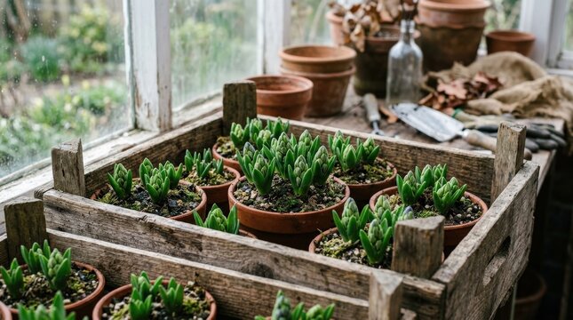 Green hyacinth buds tucked inside rustic wooden crates, layered textures and cool spring light evoking quiet growth and anticipation, ultra-realistic, no logos.