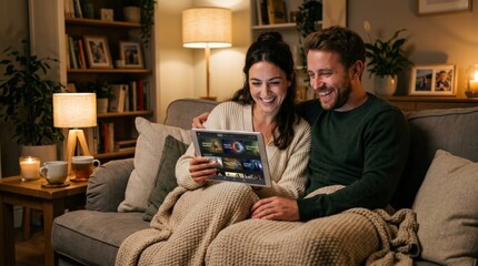 Fototapeta premium A couple on a sofa at home smiling and browsing a streaming service on a tablet together, warm cozy living room with soft lamps, relaxed weekend movie night mood, genuine togetherness and shared