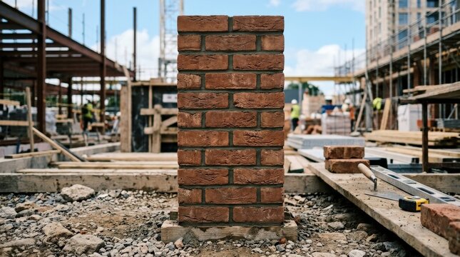 A stack of carefully laid bricks with visible mortar and balanced symmetry, symbolizing stability, ambition and steady progress, confident constructive mood, ultra-realistic, no logos.