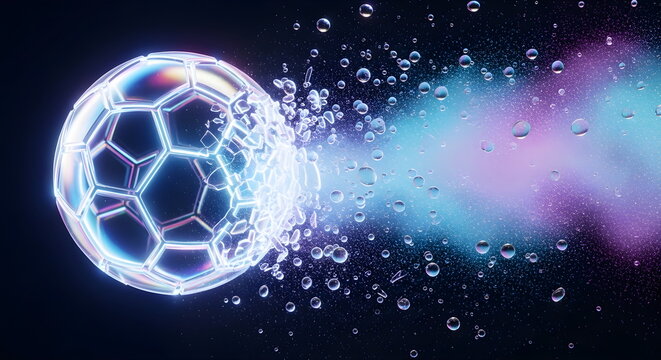 Abstract Soccer Ball Exploding into Water Bubbles and Liquid Particles