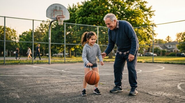A grandfather teaching his granddaughter to play basketball on an outdoor court, warm smiles, bouncing ball, textured pavement and soft late-afternoon sunlight, joyful family bonding atmosphere,