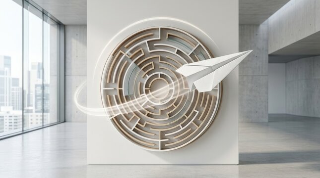 A paper airplane flying around the outside of a circular maze, sleek minimal environment, symbolizing innovation, shortcuts and lateral thinking, bright conceptual clarity, ultra-realistic, no logos.