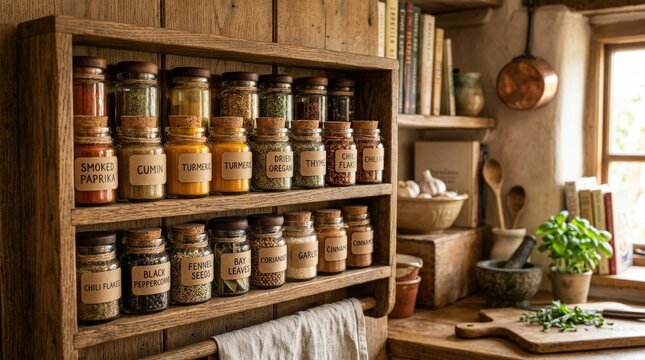 A cozy spice rack filled with jars of colorful seasonings, warm wood shelves, kitchen light, tactile labels and a welcoming culinary atmosphere, ultra-realistic, no logos.