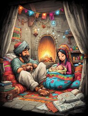 Fototapeta premium Heartwarming Nativity Scene Illustration of a Family Resting by a Warm Fireplace in a Cozy Rustic Home