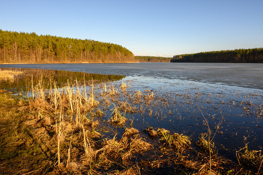 Dlugie lake at sunny spring day in Wesiory, Kashubia, Poland