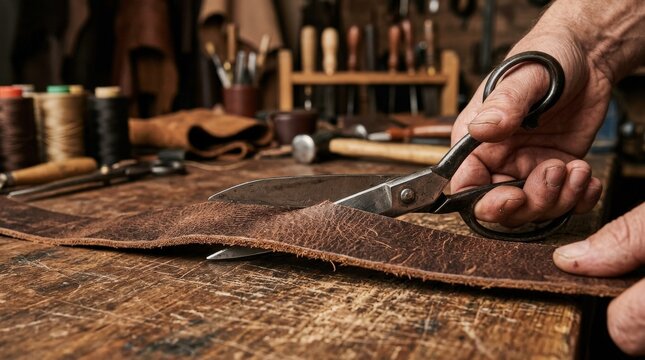 Scissors cutting a leather strap in close-up, sharp metal edges, textured hide and precise hand control, focused workshop lighting with a crafted artisan atmosphere, ultra-realistic, no logos.
