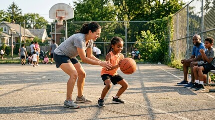Obraz premium A parent teaching a girl basketball on an outdoor court, active stance, sunlit pavement and supportive family energy, ultra-realistic, no logos.