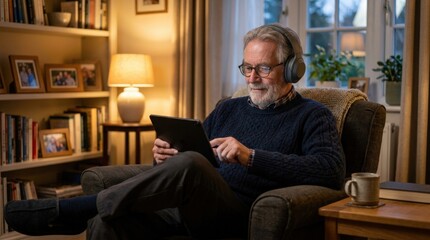 Fototapeta premium An elderly man with headphones using a tablet at home, warm indoor lighting, relaxed posture and a quiet connected atmosphere, ultra-realistic, no logos.
