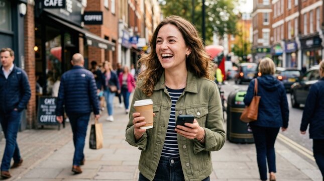 A young woman laughing with smartphone and coffee on a city sidewalk, candid expression, urban blur and a bright sociable atmosphere, ultra-realistic, no logos.