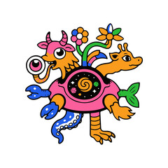 Obraz premium Cute Surreal Fantasy Animal Cartoon Illustration with Colorful Abstract Elements