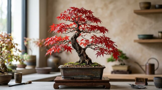 Japanese maple bonsai tree with vivid red leaves, elegant miniature branching, refined botanical studio composition, ultra-realistic, no logos.