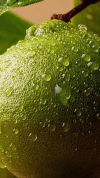 Closeup of fresh green bergamot with dewy droplets and lush leaves, highlighting its vibrant, aromatic appeal for fragrance, wellness, and natural beauty concepts