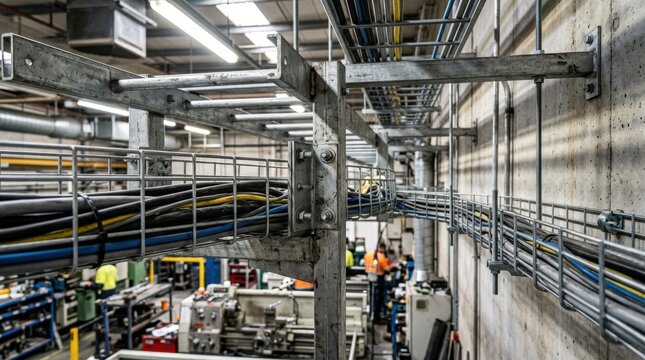 A wire cable tray joined with a ladder frame in an industrial installation, metallic detail and structured engineering lines under bright workshop light, precise technical atmosphere, ultra-realistic,