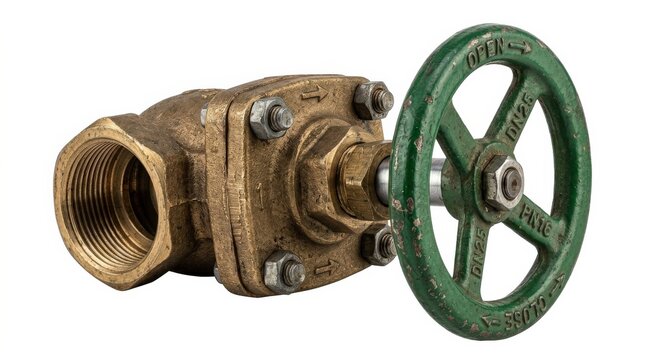 A brass gate valve with green handle isolated on a white background, industrial plumbing fitting with metallic wear and mechanical precision, ultra-realistic, no logos.