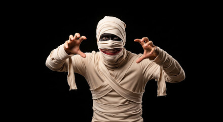 Naklejka premium Person dressed as a scary mummy with bandages and outstretched hands on a black background, ready for Halloween.