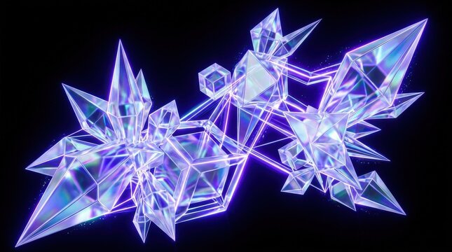 Iridescent white glass geometric forms with holographic violet and blue neon glow on a black background, crisp edges, luminous refraction, futuristic wallpaper atmosphere, ultra-realistic, no logos.