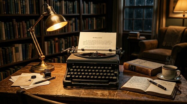 A vintage typewriter on a desk with paper, notebooks and warm lamp glow, nostalgic literary atmosphere and creative focus, ultra-realistic, no logos.