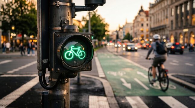 Green bicycle signal light illuminated on a city street with cyclist traffic light transport transportation movement