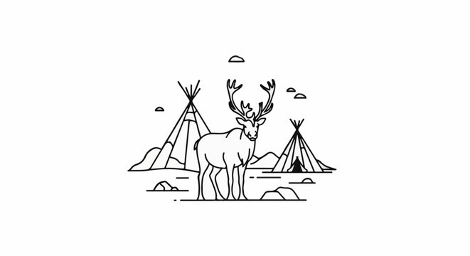 A reindeer stands proudly amidst teepees and mountainous terrain