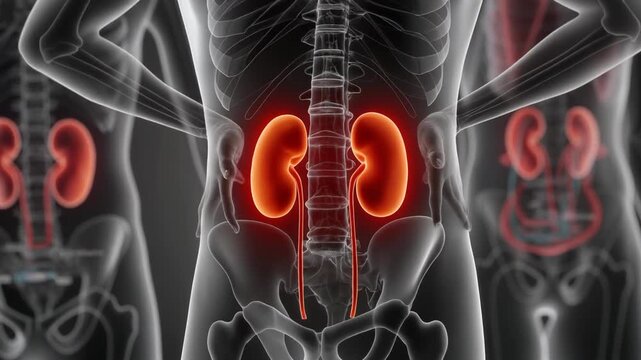   
"Human kidneys highlighted in vivid red within lower torso anatomy, symbolizing function, filtration, and the vital role of the urinary system in health."