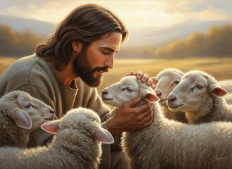 Jezus jako dobry pasterz prowadzący owce © Monika