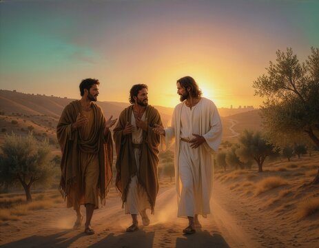 The resurrected Jesus talking to his disciples on the road to Emmaus