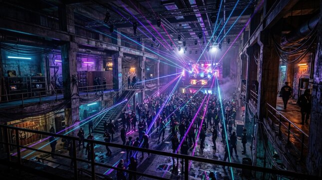 A cyber-futuristic underground warehouse with neon lasers, glowing concrete, grunge textures, and dystopian basement depth, intense sci-fi club atmosphere, ultra-realistic, no logos.