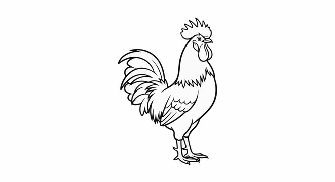 A detailed black and white line drawing of a rooster