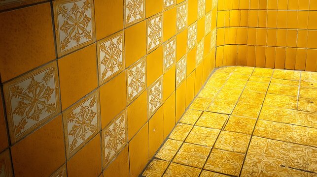 Ornate Yellow Patterned Tiles in a Sunlit Corner / 日光が差し込む隅の装飾的な黄色いパターンタイル