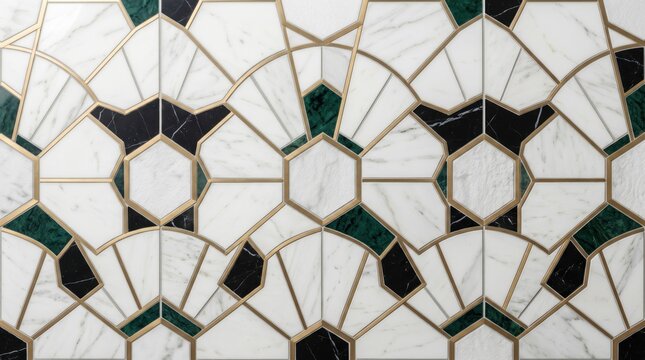 Luxury Art Deco marble mosaic tile pattern featuring intricate brass inlays, polished white Carrara, emerald green malachite, and black marble geometric designs for interior wall cladding.