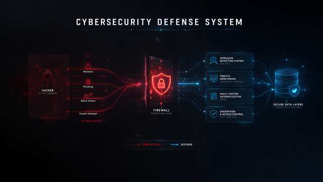Cybersecurity Defense System Network Protection and Data Security Infographic