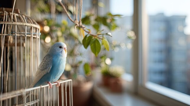 A budgie sits near a cage in a modern apartment	