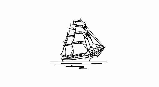 A black and white line drawing of a tall ship on the water
