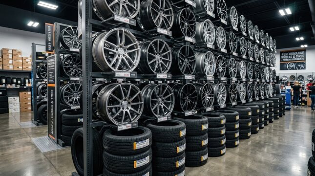 A store wall filled with alloy car wheels and pneumatic tires, metallic finishes, rubber textures and showroom organization, bright commercial light and an automotive retail atmosphere,